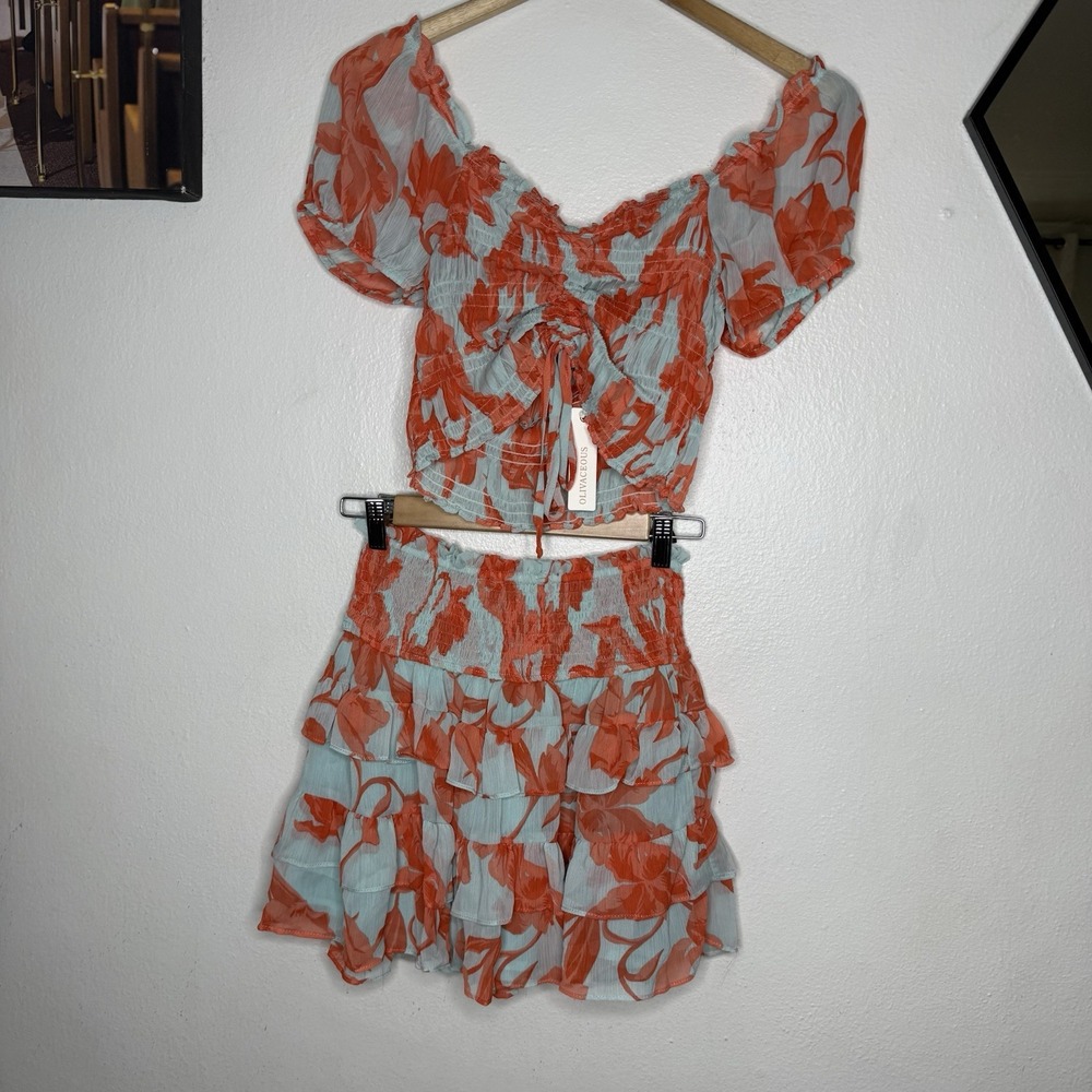New Olivaceous Coral Blue Tiered Ruffle Skirt Smocked Top Set Womens Small